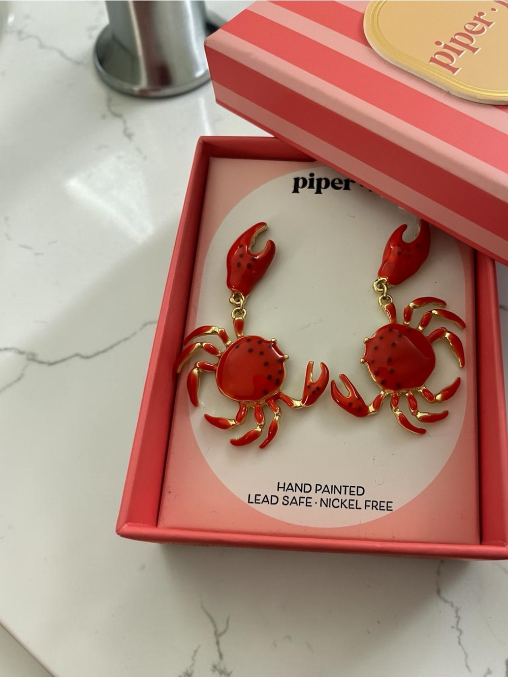 Piper-K Red Hand-Painted Crab Drop Earrings